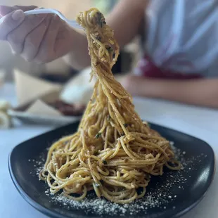 a plate of spaghetti with a fork