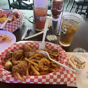 Fried shrimp and blackened shrimp basket with crispy fries. Yum.