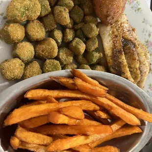 Crab stuffed tilapia fried okra soup potato fries and hush puppies