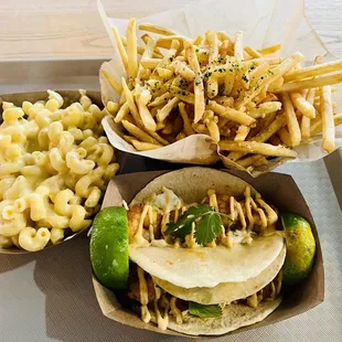 2 Famous Shrimp Tacos, Mac and Cheese, Garlic Fries