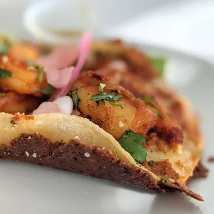 Shrimp and Chorizo Vampiro with griddled crunchy cheese layer