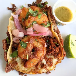 Shrimp and Chorizo Vampiro with griddled crunchy cheese layer