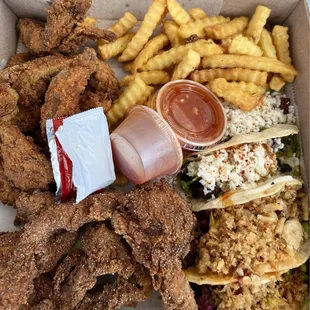 The Shroomlicious Wings, Street OG Tacos, Korean Chili Tacos, Seasoned Fries