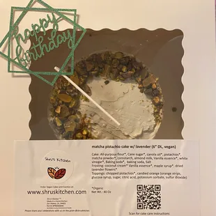 Matcha Pistachio Cake with ingredients listed and a QR code for care instructions