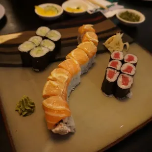 Alaska roll, tuna roll, cucumber roll