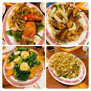 Lobster black bean sauce, baked 5 spice squid (best), salty fish and chicken fried rice, pan fried noodles and shrimp.