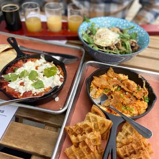 waffles, pizza, and salad