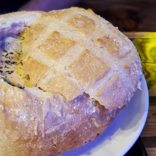 Lobster chowder in bread bowl. The bowl is huge, but wish they would have toasted it a little