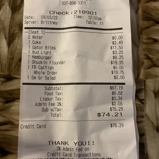 a receipt for a restaurant