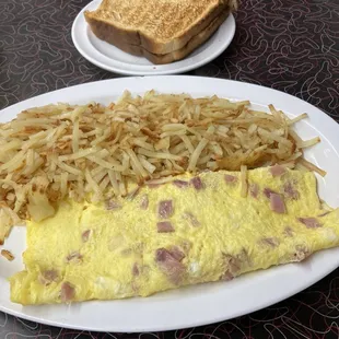 Ham &amp; Cheese Omelette w/ Hash browns + Toast