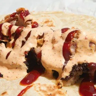 Double Trouble- Brisket and Pork with Twang sauce and BBQ sauce..
