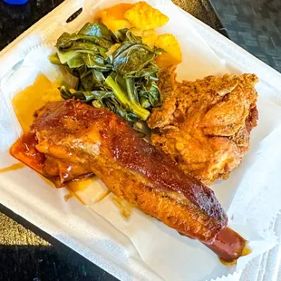 Chicken, BBQ rib, greens, and fried fish