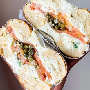 Everything bagel, scallion cream cheese with lox
