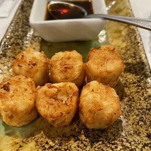 a plate of fried food with dipping sauce