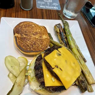 Double Cheeseburger with a side of Asparagus