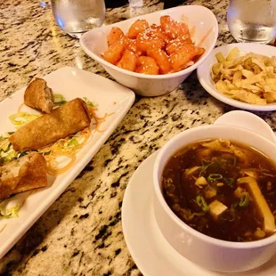 Hot sour soup, egg rolls, bang bang shrimp