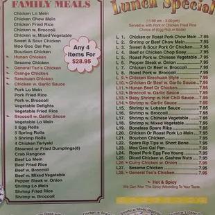 Family meals and lunch special