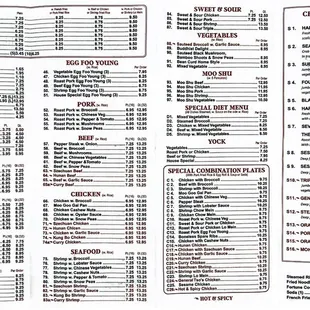 Back page current menu prices