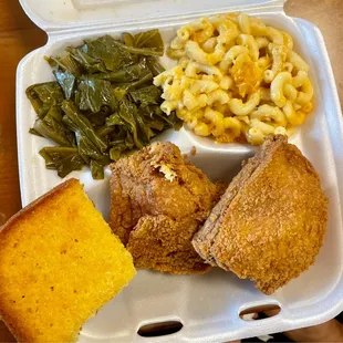 Collard greens, mac&amp;cheese, fried chicken and cornbread