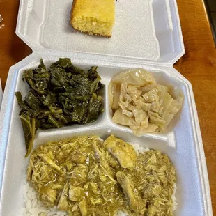 Chicken Curry with sides of collard greens and cabbage