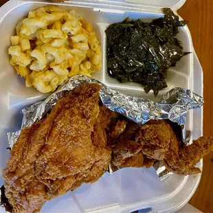 Fried Chicken, mac n cheese and collards.