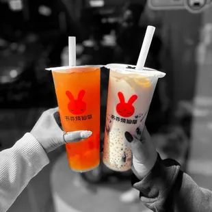 Coconut grass jelly milk tea and peach mango | ig: whaEVAeats