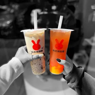 Coconut grass jelly milk tea and peach mango | ig: whaEVAeats