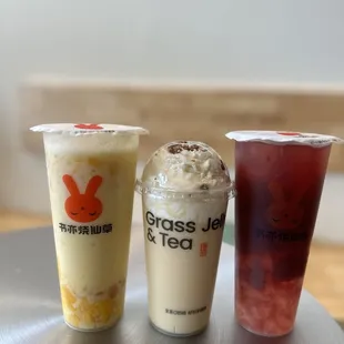 Mango Pomelo Sago, vanilla cream jasmine milk tea, Grape Jello Tea