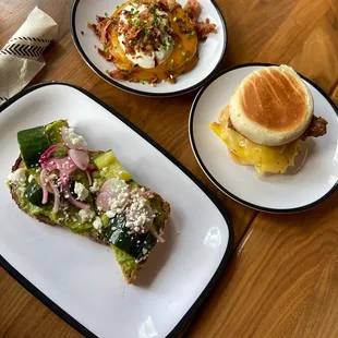 Cheesy hash brown (don&apos;t recall the name, sorry!), shy bird sandwich, and avocado toast!