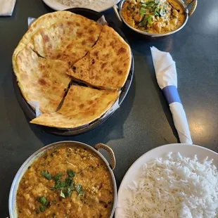 Norten Korma (top), Naan (middle), and Daal Fry (bottom)