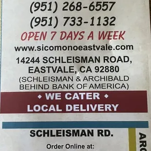 Contact information for take out, dining in or catering...