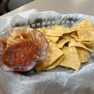 Salsa and chips-yum. Just right spice.