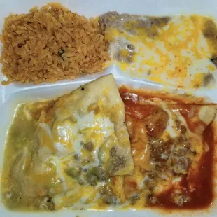 Stuffed sopapillas with ground beef, one topped with green sauce and the other with red. Served rice and beans. Very tasty meal.