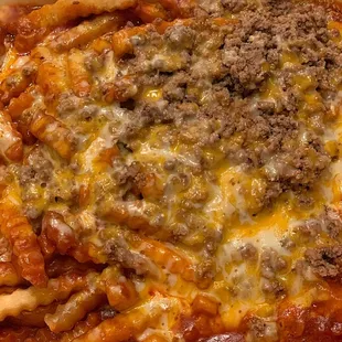 Red chile cheese fries with ground beef