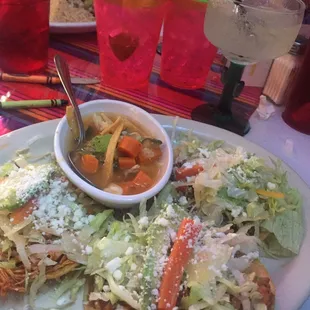 Tostado appetizer with a cup of tortilla soup!!!  Pork one is my favorite!!!