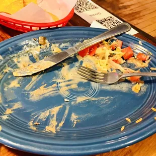 a dirty plate with a fork and knife