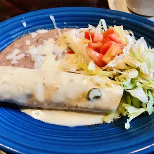a burrito and salad on a blue plate