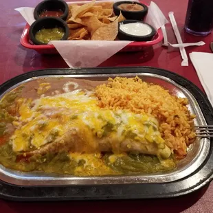 My lunch special goto...Chili meat burrito plate, red chili inside, spicy green smother!