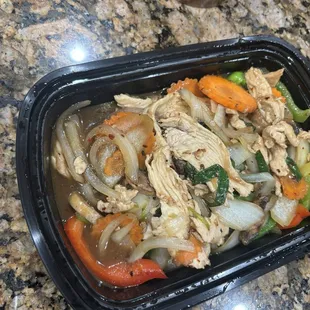 Exact pic.  Half full with mostly veggies and few pieces of cicken.