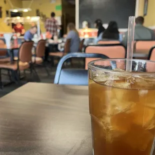 Iced tea and restaurant interior