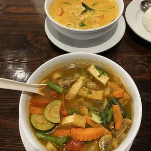 This was all for me - tofu Tom yum and chicken yellow curry.