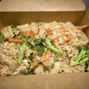 a box of rice and vegetables