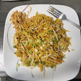 Crispy pad Thai with chicken and extra peanuts.  Delicious!