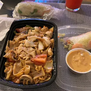 Chicken Pad Kee Mao and Salad roll with peanut sauce