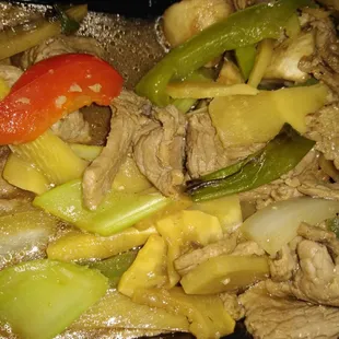 a stir fry of beef, peppers, and onions