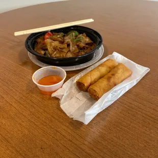Lunch special with spring rolls and pork drunken noodles