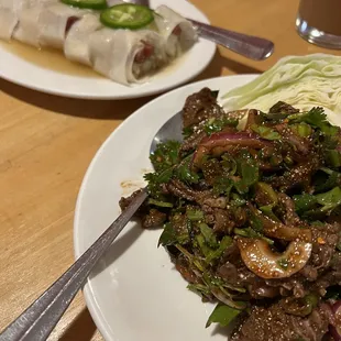 Spring Rolls and stir fried beef