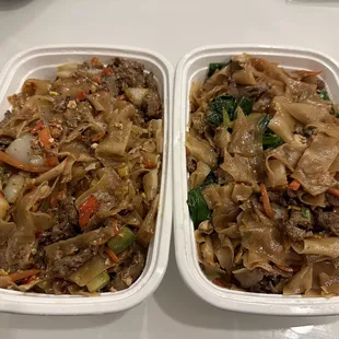 Drunken noodles (beef) on the left; Pad See Ew (beef) on the right.