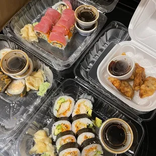 a variety of sushi dishes