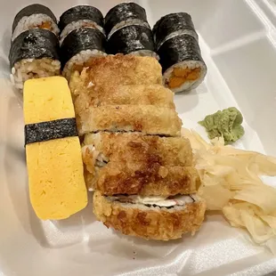 Fried roll, sweet potato tempura roll, and egg nigiri